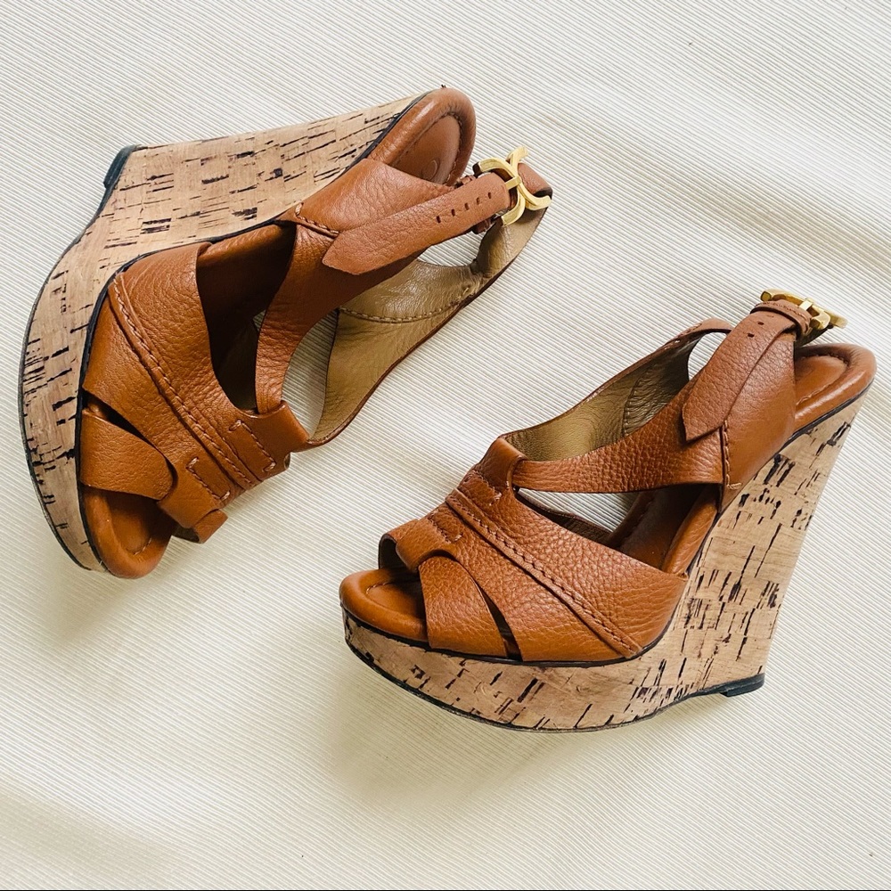 Chloe Womens Sandals Leather Wedge Slingback Strappy Heel Designer EU36.5 US 6.5